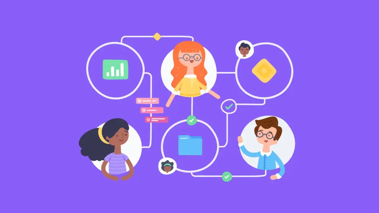 Illustratie van een team dat samenwerkt, met iconen voor data, documenten en taken. Dit toont de competenties van een projectmanager.