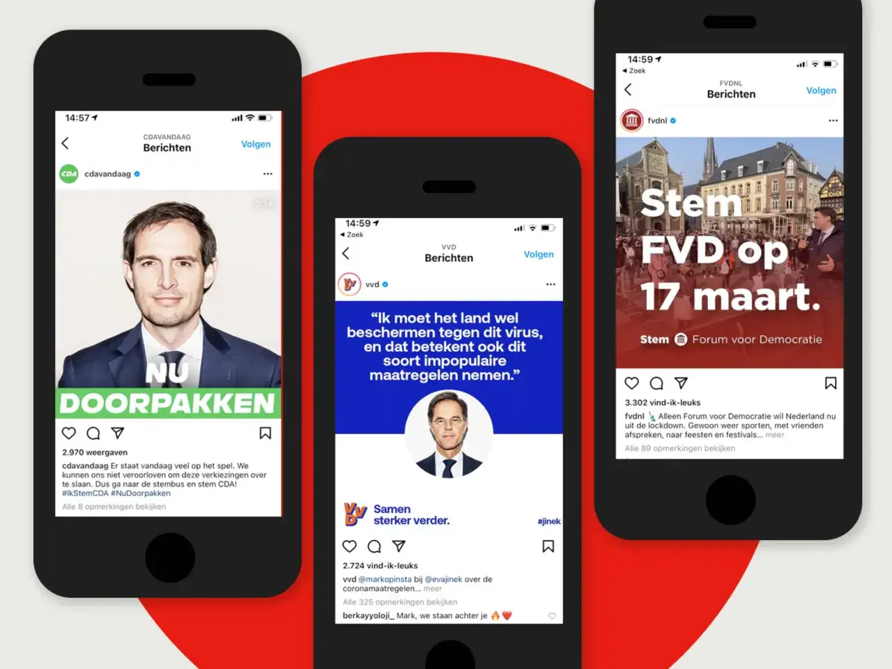 Drie smartphones tonen politieke berichten, wat de affectieve polarisatie in de Nederlandse politiek illustreert.