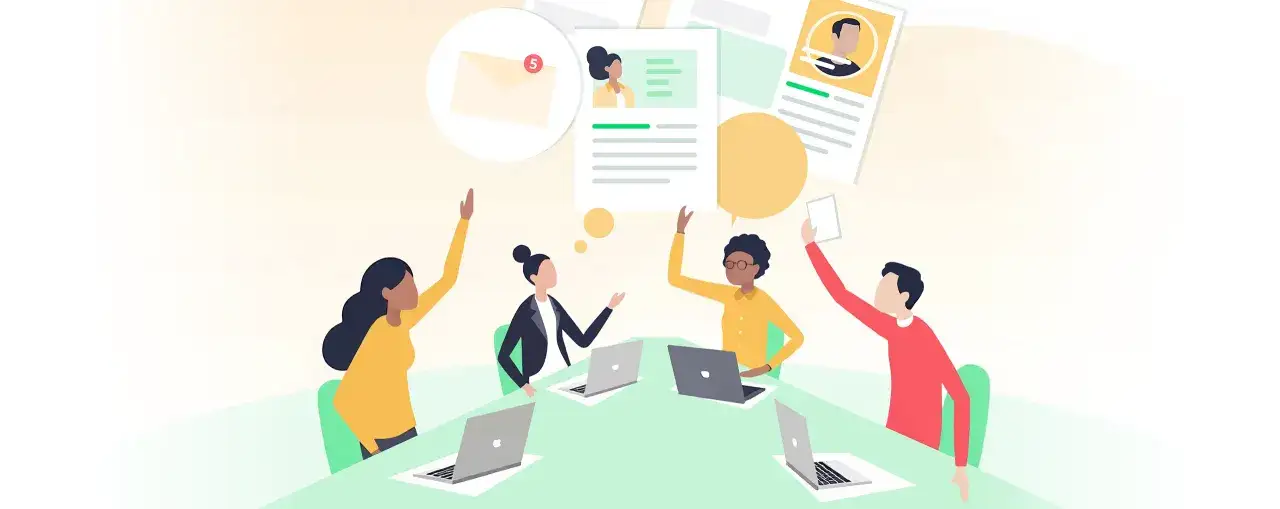 Een team vergadert, met laptops en documenten. De zelfbewuste leider ziet de idee&euml;n opkomen, net als de nieuwe e-mails.