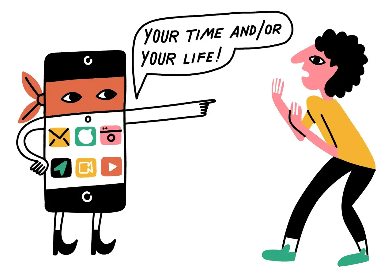 Een smartphone met apps wijst naar een geschrokken persoon en zegt: