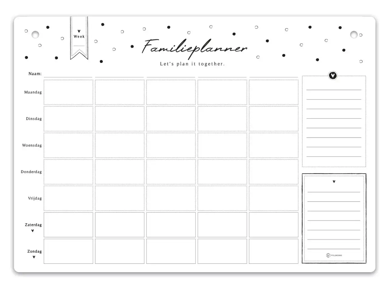 Familieplanner met vakken voor dagen & namen. Neem regie over je leven door samen te plannen.