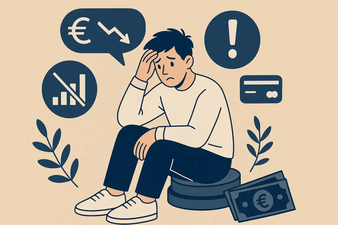 Een jongere zit in de problemen met jongeren en schulden. Symbolen van dalende euro's, een creditcard en een waarschuwing duiden op financi&euml;le stress.