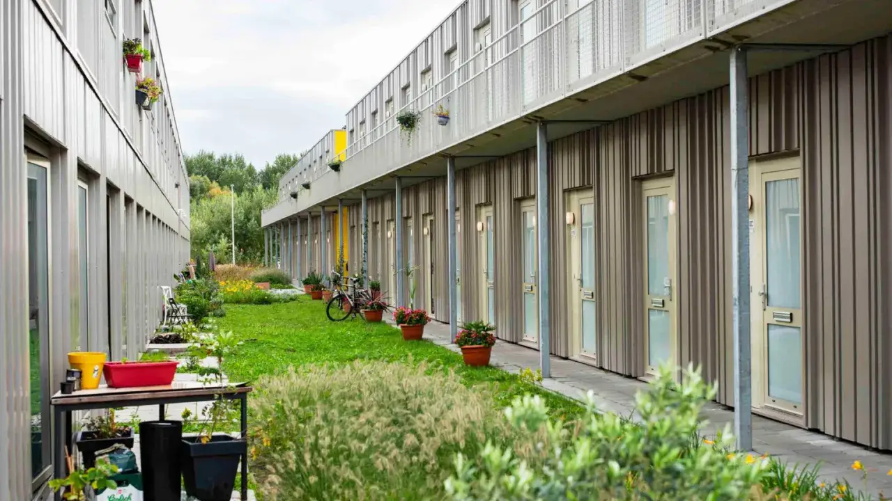 Rijwoningen met plantenbakken en een fiets, mogelijk bewoond door arbeidsmigranten in Nederland.