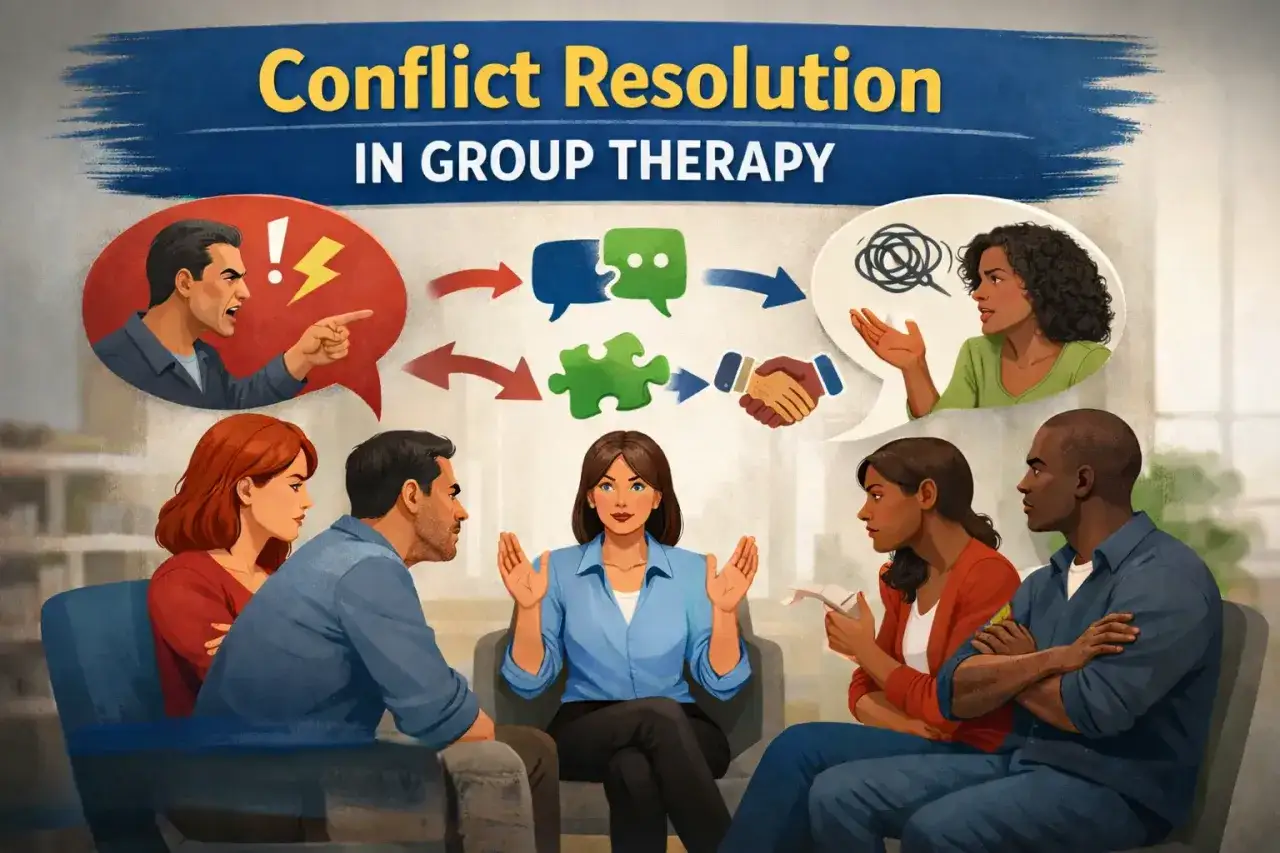 Groepsdynamiek in therapie: van ruzie naar begrip. Een therapeut leidt de groep naar conflicten oplossen met puzzelstukken en handdrukken.