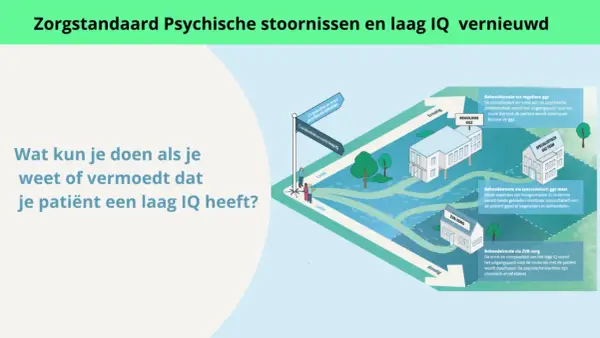 Illustratie van zorgpaden voor patiënten met psychische klachten en een laag IQ. Een kruispunt toont de keuze tussen reguliere GGZ, specialistisch GGZ team of ZVB-zorg.