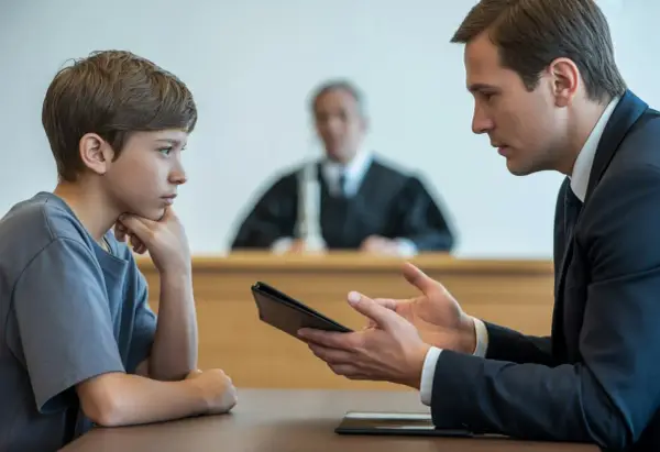 Advocaat spreekt met een jongen in de rechtszaal. De jongen, die eruitziet als 23 jaar volwassen, luistert aandachtig. Een rechter zit op de achtergrond.