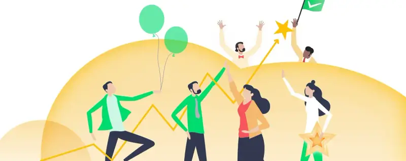 Teamwork en succes: een groep mensen viert successen met ballonnen, sterren en een vlag. De **karakter methode** wordt hier visueel weergegeven.