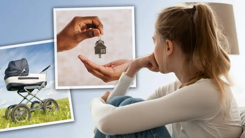 Een meisje denkt na over de toekomst. Een kinderwagen en huissleutels symboliseren de droom van een gezin, maar 1 op de 4 dromen blijven onvervuld.