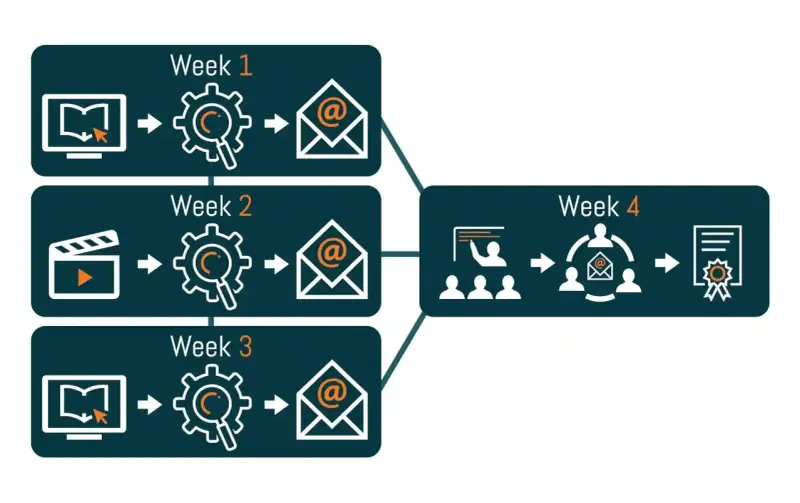 Schema van blended learning voorbeelden: online leren, analyse, e-mail in week 1-3. Week 4: presentatie, groepswerk, certificaat.