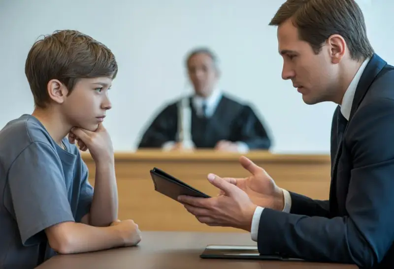 Advocaat spreekt met een jongen in de rechtszaal. De jongen, die eruitziet als 23 jaar volwassen, luistert aandachtig. Een rechter zit op de achtergrond.
